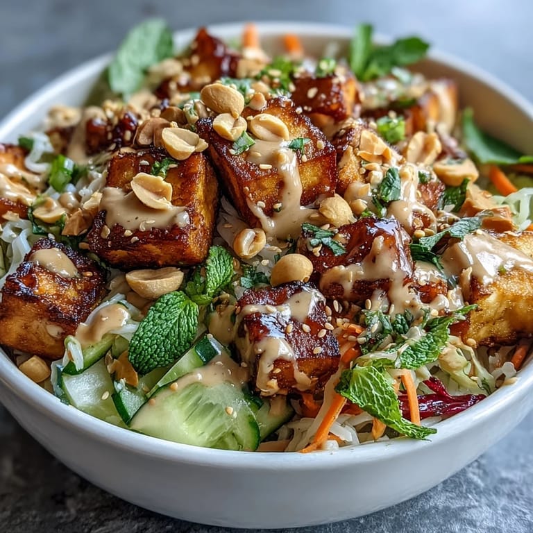 Asian Spring Roll Bowl with Peanut Sauce: Vibrant spring roll ingredients served in a bowl with tofu, crunchy peanuts, and zesty lime for a fresh, gluten-free lunch option.