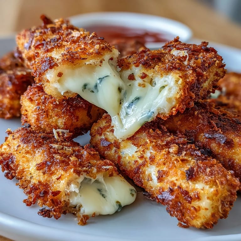 Homemade air fryer mozzarella sticks with golden panko crust, served hot with a rich marinara dipping sauce.