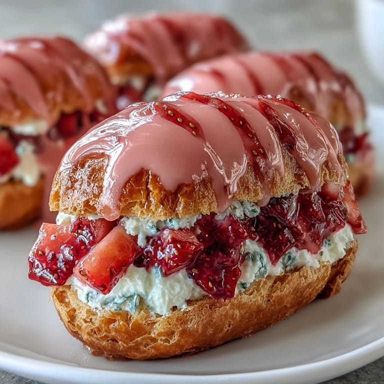 Elegant Valentine's Day strawberry éclairs with airy choux pastry, fresh strawberry filling, and sweet pink glaze for special occasions.