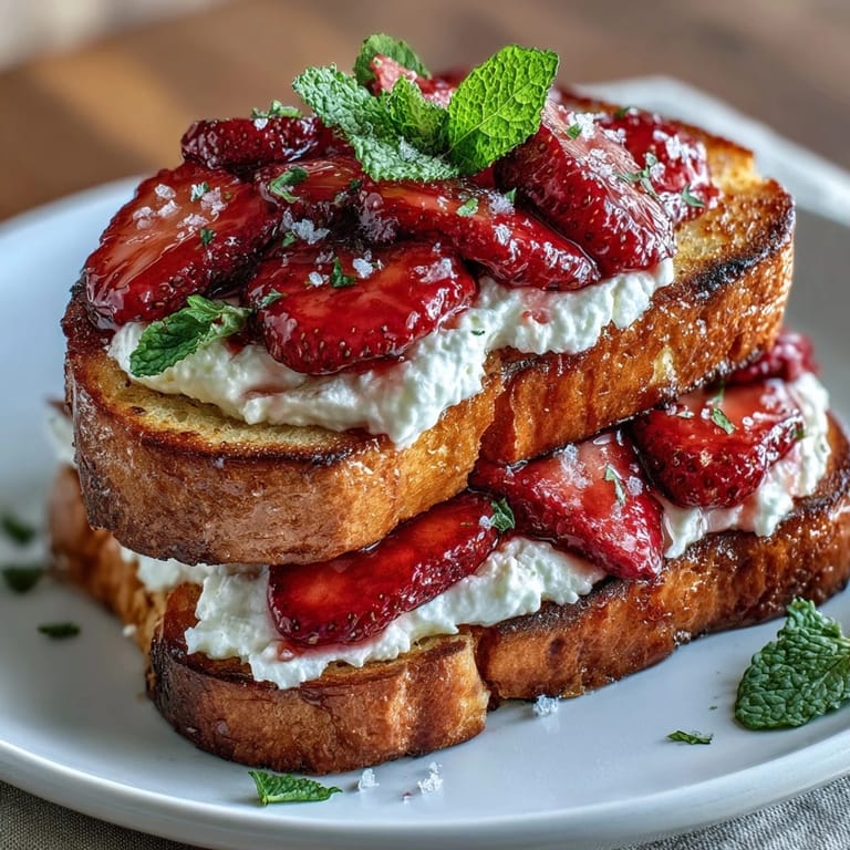 Creamy ricotta spread on rustic bread with fresh strawberries, honey drizzle, and mint garnish, offering a bright and elegant brunch option.