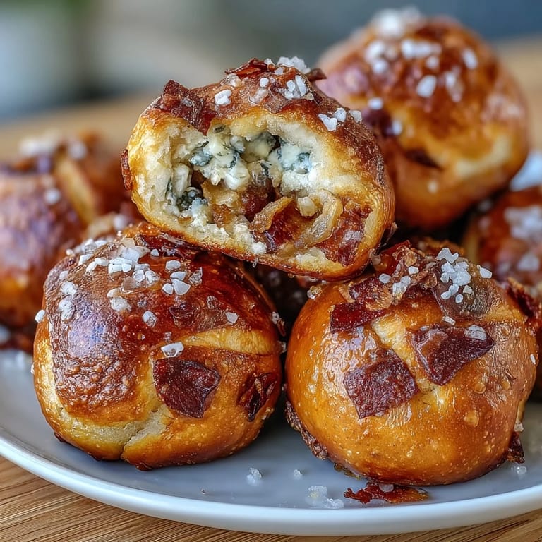 Chewy sourdough pretzel bites filled with sweet caramelized onions, perfect for dipping in mustard or cheese sauce.