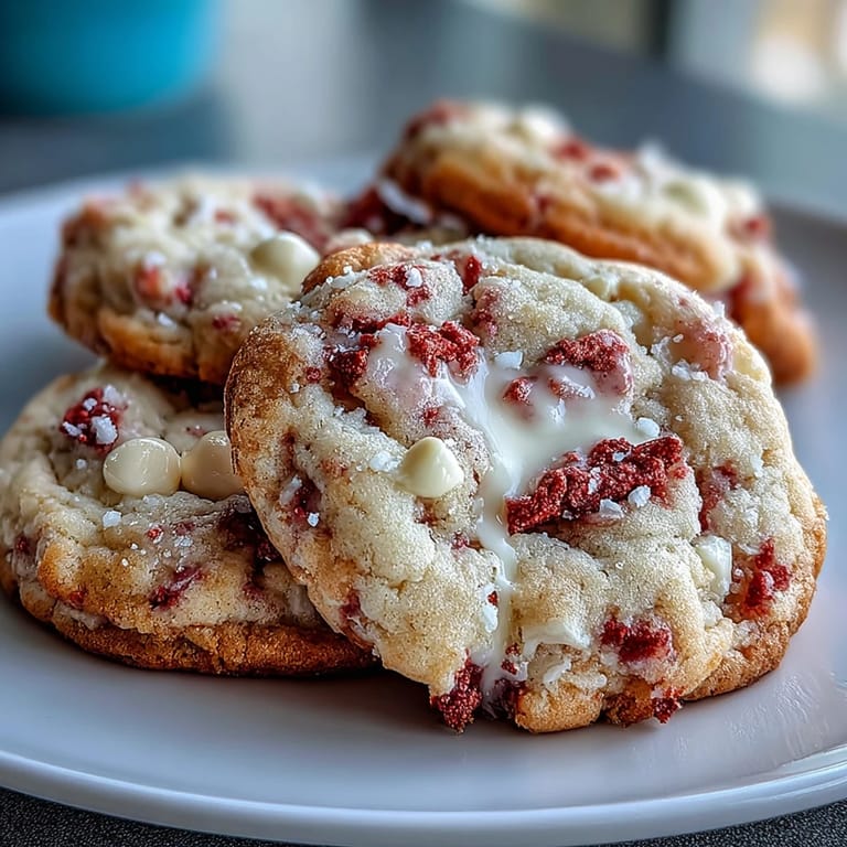 Freshly baked strawberry white chocolate cookies, golden on the edges with bursts of fruity flavor and sweet creamy white chocolate throughout.