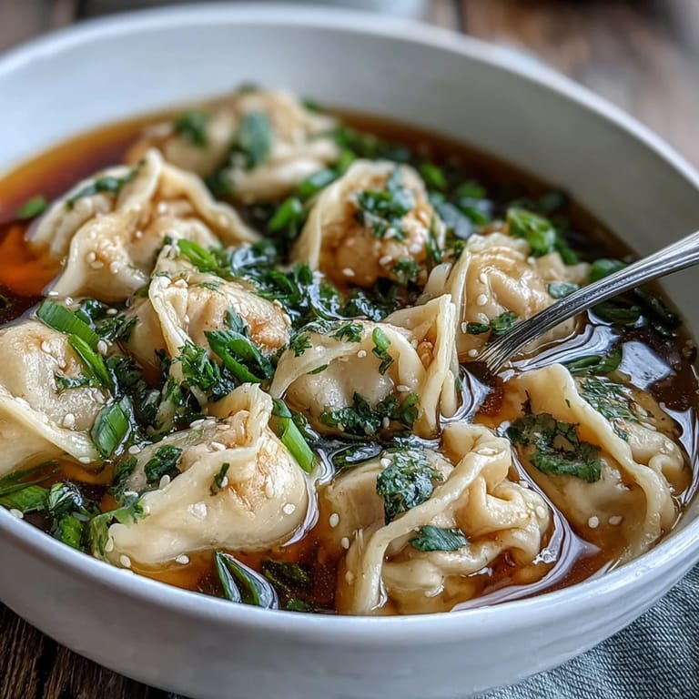 Hearty chicken broth filled with delicate dumplings, infused with soy and sesame, topped with vibrant green scallions in this warming soup.