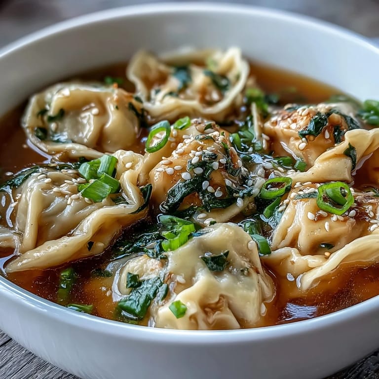 Savory dumpling soup featuring juicy chicken-filled dumplings, aromatic broth, and crisp scallions, perfect for a cozy dinner.