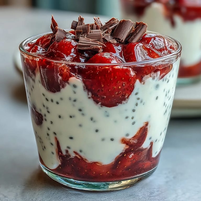 Velvety Greek yogurt chia pudding blended with strawberries, chilled and garnished with rich dark chocolate shavings in a glass jar.