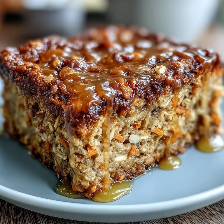Golden Spring Carrot Cake Baked Oatmeal topped with shredded coconut and pecans, offering a wholesome, dessert-inspired breakfast treat.