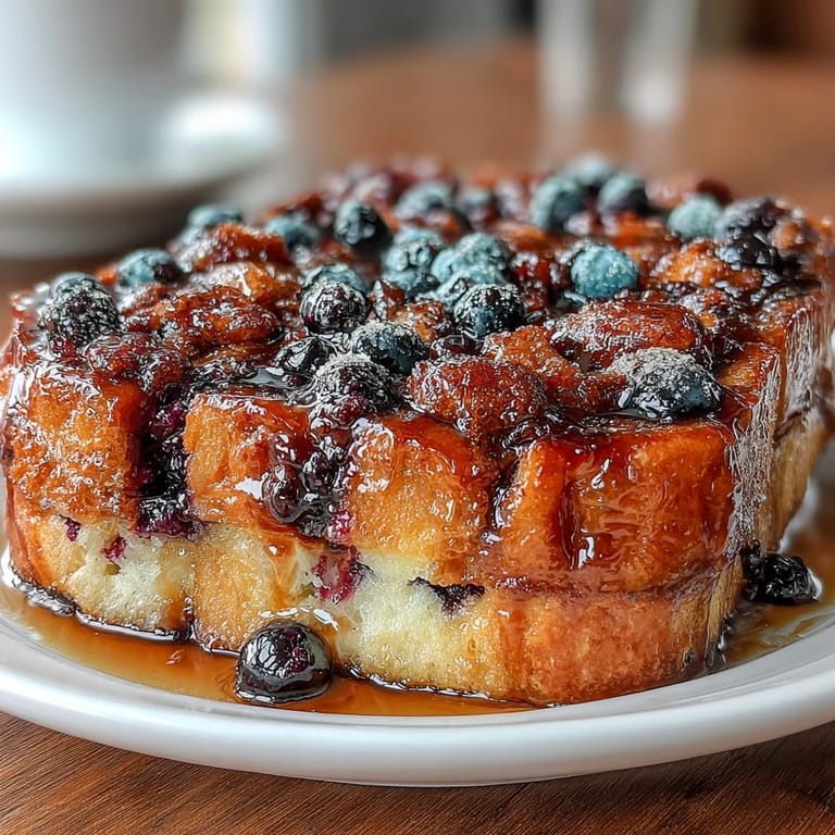 Decadent sourdough French toast bake with plump blueberries, baked until golden and served warm with maple syrup.
