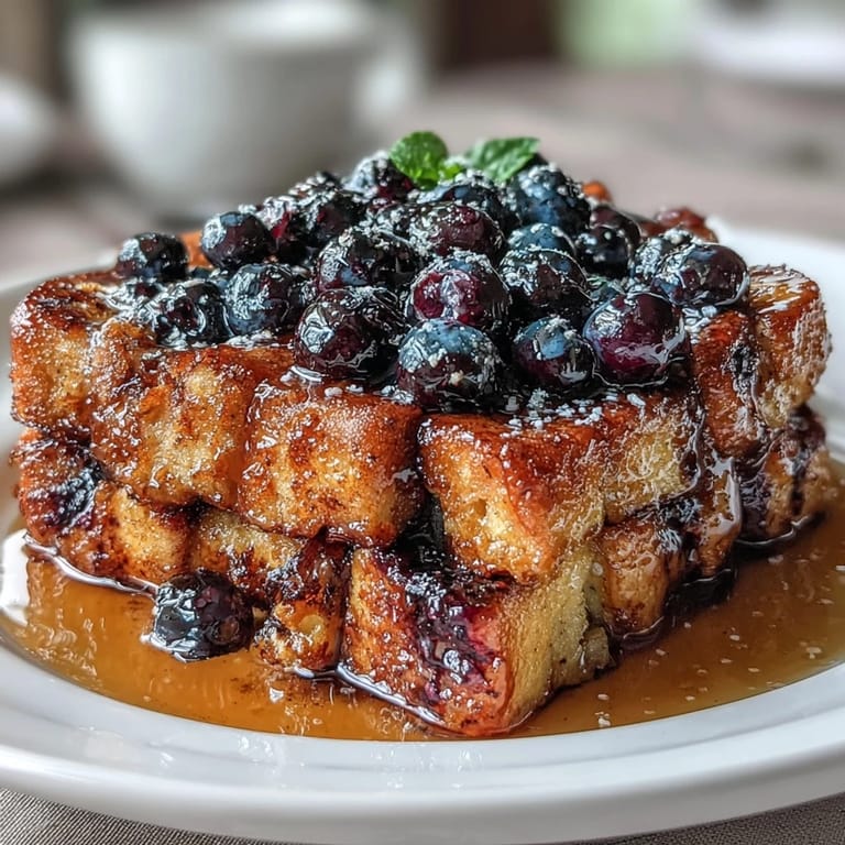 A make-ahead breakfast casserole of sourdough cubes, fresh blueberries, and cinnamon custard, ideal for holiday mornings.
