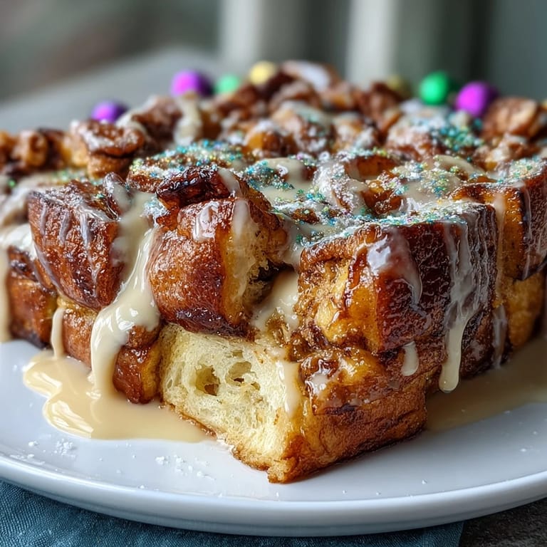 Rich cinnamon-swirl brioche soaked in creamy custard, baked until puffed and golden, then drizzled with sweet vanilla icing.