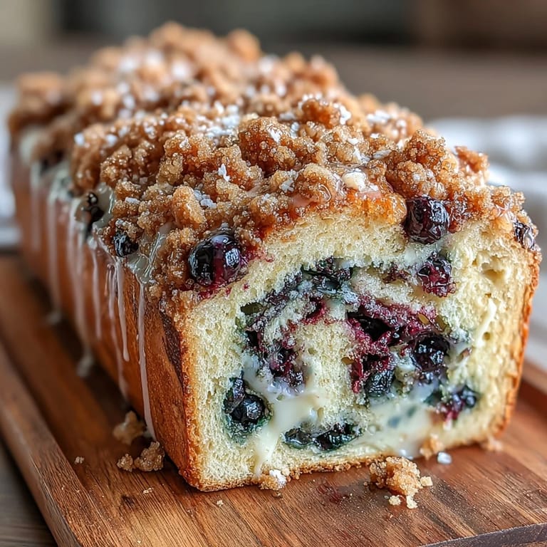 A tender, tangy sourdough bread infused with fresh blueberries and bright lemon, crowned with a crisp, golden crumble for added texture.  