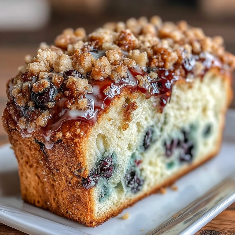 Moist lemon blueberry sourdough loaf with a rich, buttery streusel topping, ideal for brunch or an afternoon snack with coffee.