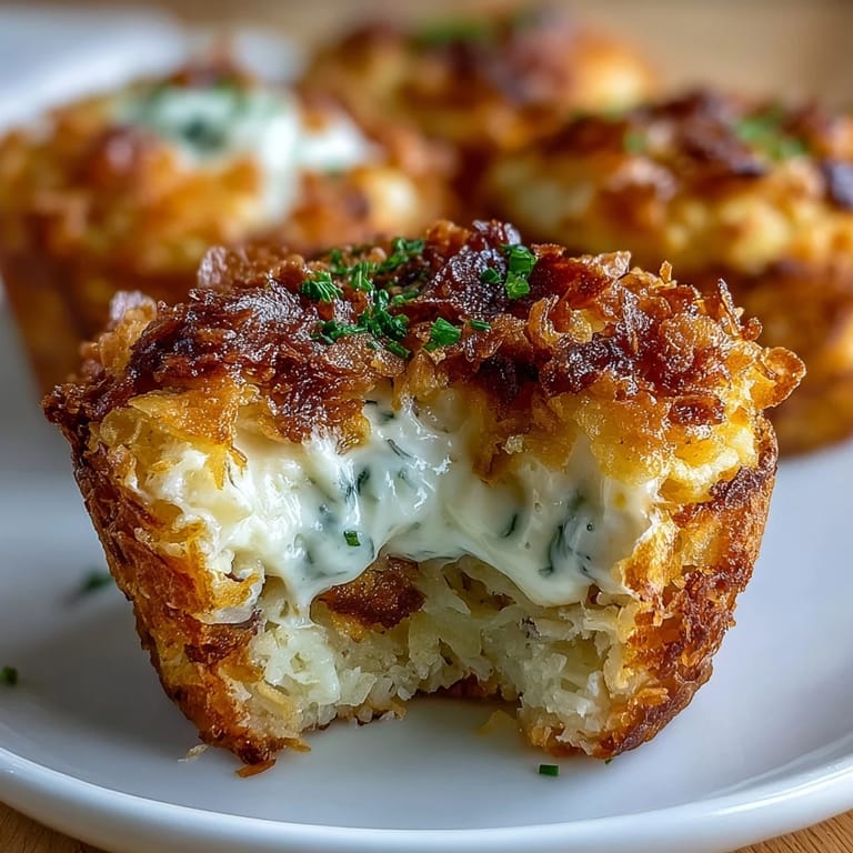 Creamy funeral potatoes transformed into muffin cups, featuring hash browns, sour cream, and cheddar baked until bubbly.