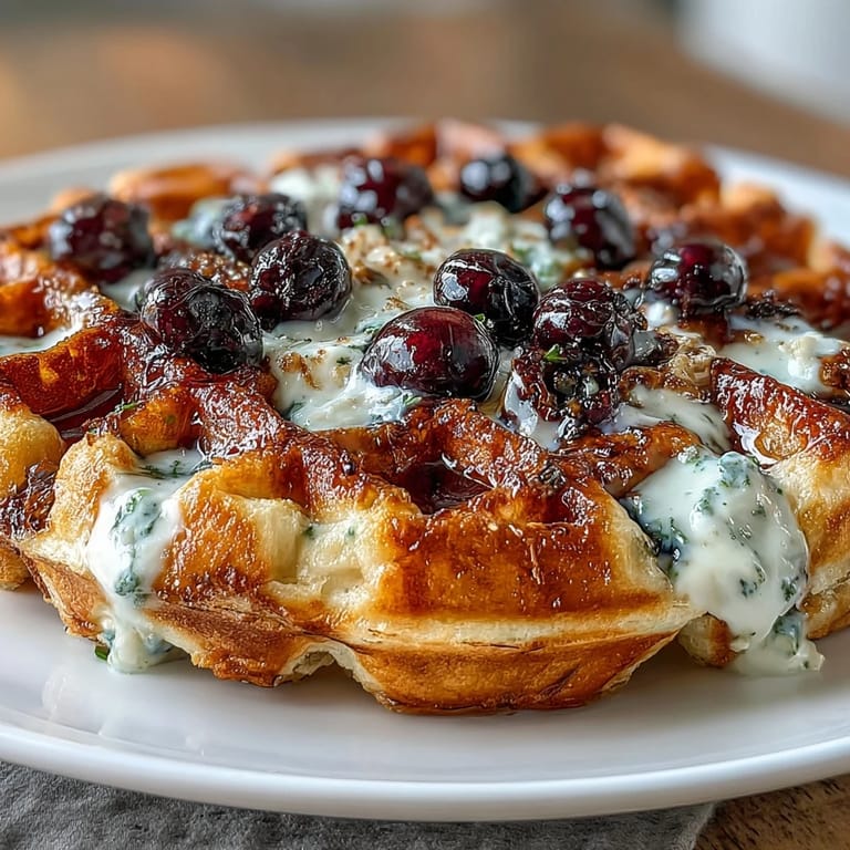 Fluffy lemon blueberry sourdough waffles topped with rich maple yogurt and extra blueberries, perfect for a cozy weekend breakfast.