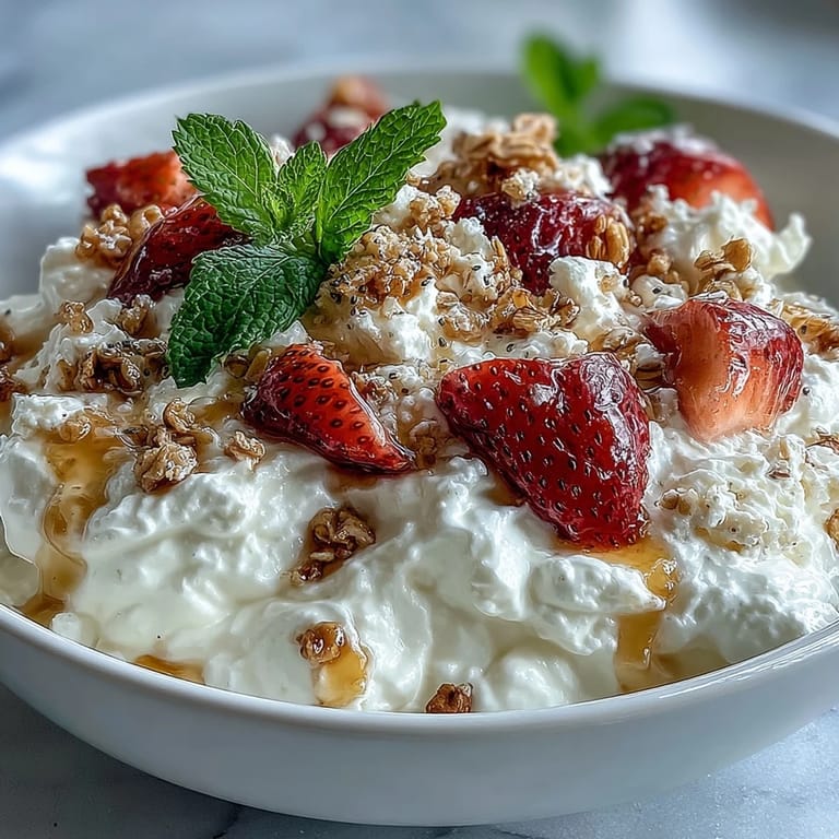 Whipped Greek yogurt breakfast bowl with strawberries and granola crunch, garnished with chia seeds and mint for added freshness and texture.  