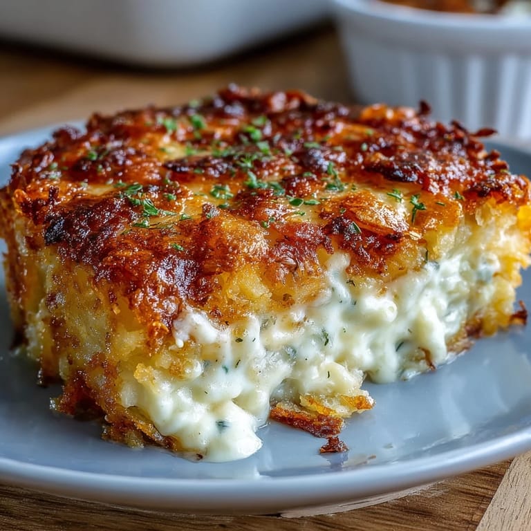 Creamy Funeral Potatoes Casserole with crispy hashbrown topping, perfect for potlucks and family gatherings.
