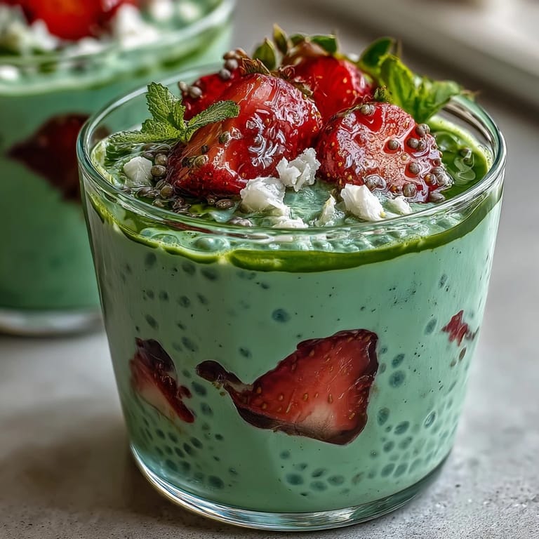 Creamy matcha-infused oats and juicy strawberries create a refreshing, healthy breakfast parfait in a glass jar.