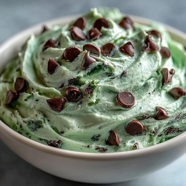 Refreshing green mint dessert dip studded with mini chocolate chips, perfect for dipping cookies and pretzels at holiday parties.