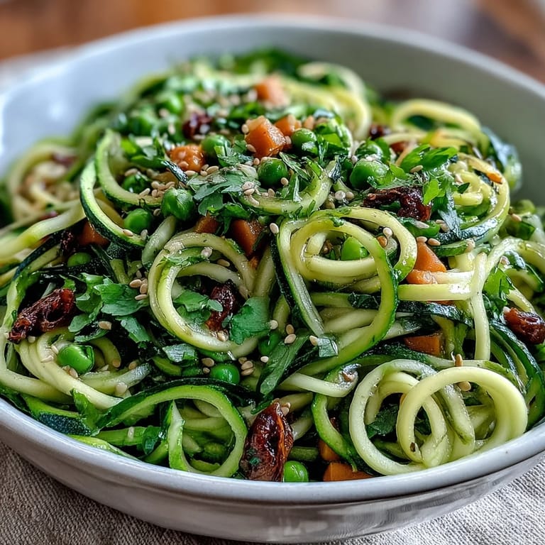 Fresh zucchini noodles and crisp vegetables stir-fried to perfection, topped with sesame seeds and herbs for a wholesome, low-carb meal.