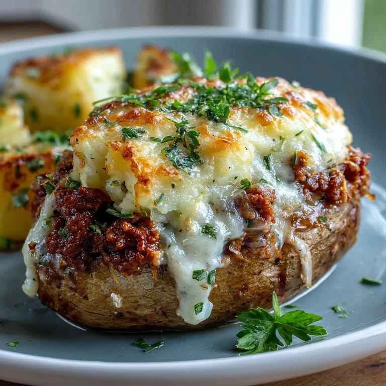 Golden-baked stuffed potatoes filled with savory shepherds pie mixture, perfect for a cozy dinner.  