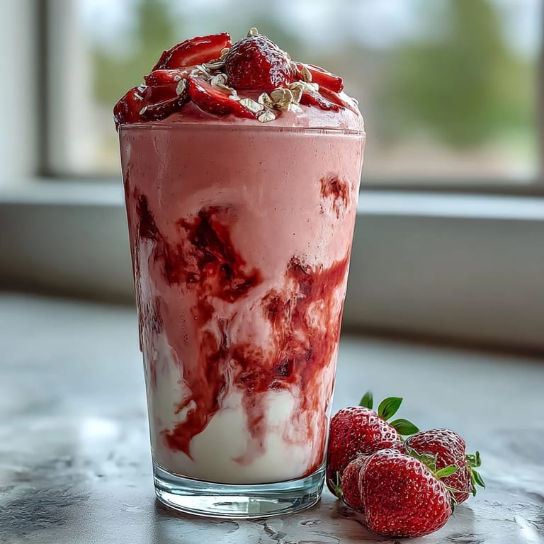 A thick and refreshing strawberry shortcake protein smoothie blended with banana and vanilla protein powder for a post-workout boost.