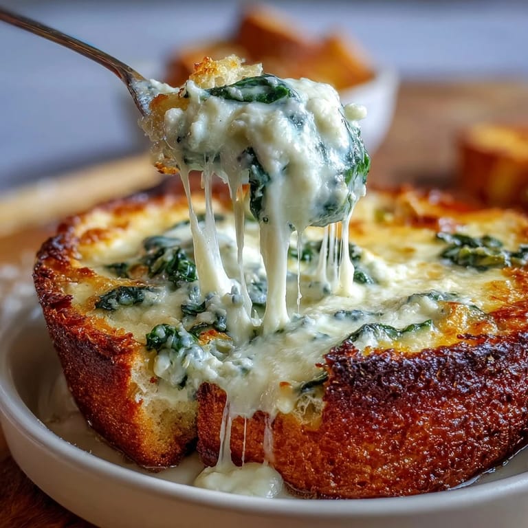 Festive spinach artichoke dip baked in a sourdough bread bowl, topped with melted mozzarella and served with bread chunks.
