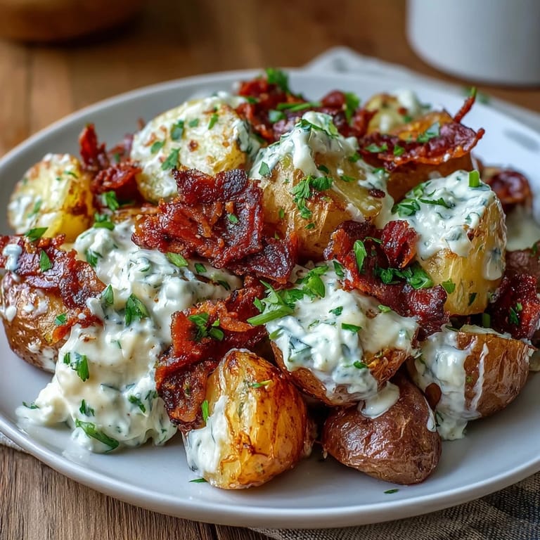 Creamy potato salad featuring tangy BBQ sauce, smoky bacon, sharp cheddar, and scallions, ideal for picnics and summer cookouts.