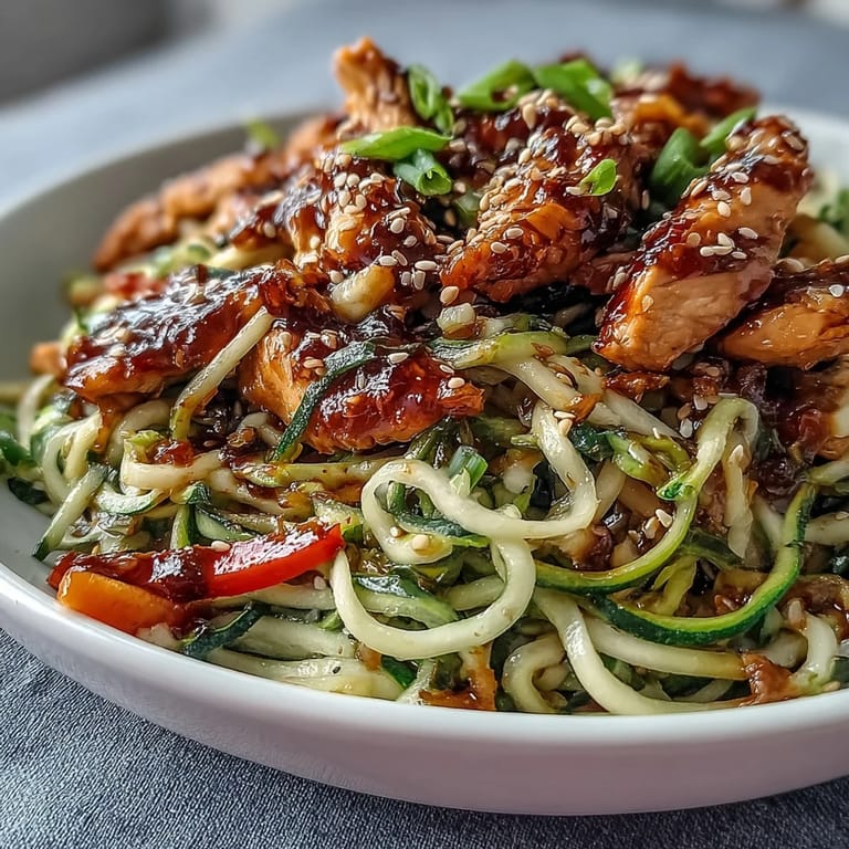 Quick and healthy zucchini noodle stir fry with chicken, bell peppers, and carrots, lightly sautéed and tossed in a savory sesame-soy sauce.  
