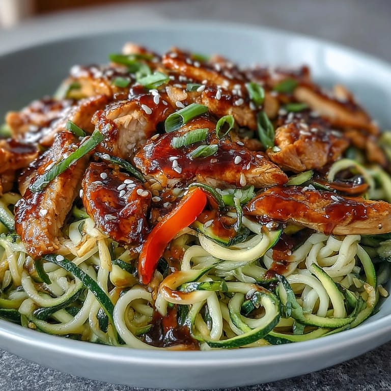 Low-carb zucchini noodle stir fry with chicken and crisp vegetables, stir-fried to perfection and drizzled with a flavorful, gluten-free Asian sauce.