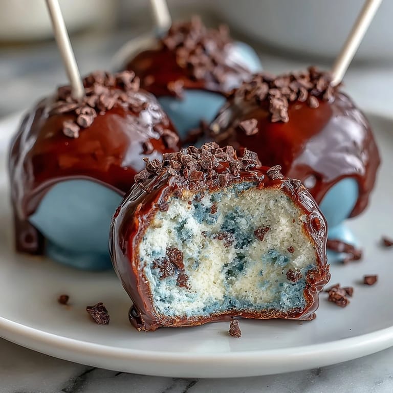 Hand-rolled cake pops dipped in robins egg blue chocolate, flecked with cocoa for a charming speckled finish.  