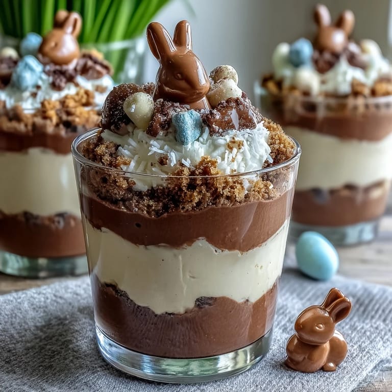 Festive Easter dessert cups featuring layers of creamy chocolate pudding, Oreo crumbs, and cute bunny marshmallows for kids' celebrations.  