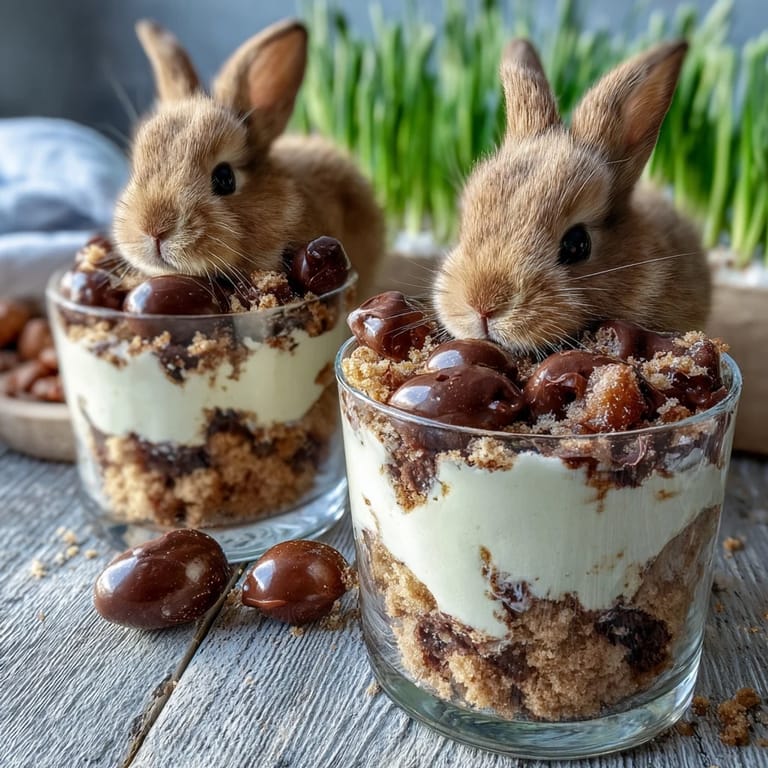 Fun no-bake Easter treat with chocolate pudding, crushed cookies, green coconut grass, and bunny Peeps—perfect for spring parties.
