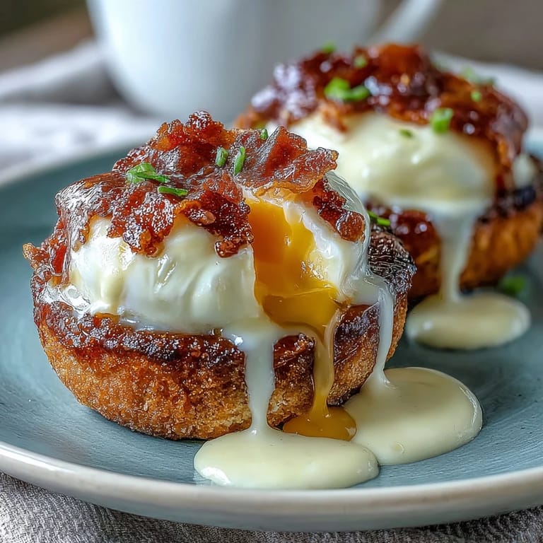 Classic brunch plate featuring Eggs Benedict with rich, buttery hollandaise, poached eggs, and savory Canadian bacon for a luxurious breakfast.