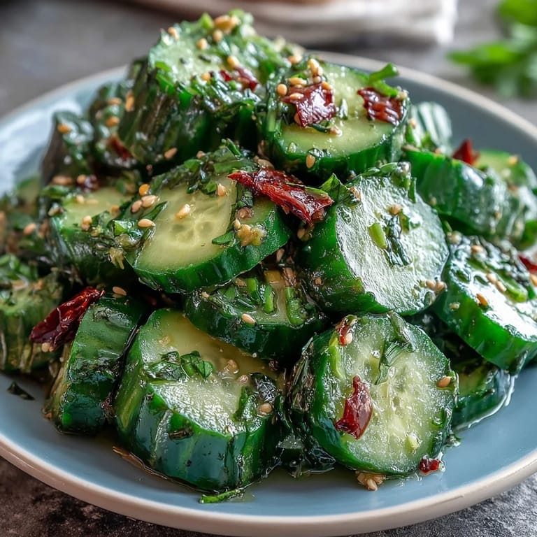 A vibrant, smashed cucumber salad tossed with tangy dressing and drizzled with aromatic garlic chili oil for a bold, refreshing bite.