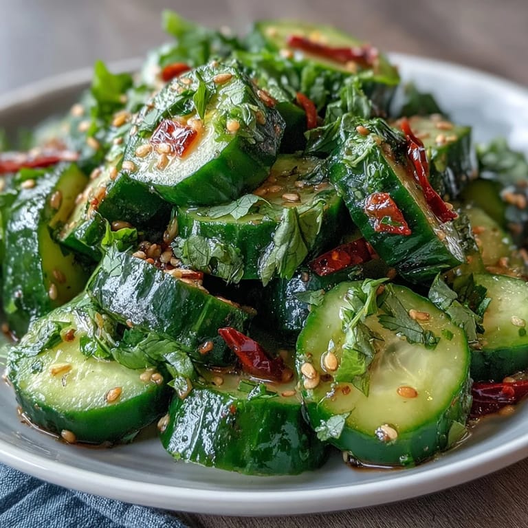 Crunchy smashed cucumbers meet a zesty garlic chili oil blend in this easy, vegan salad bursting with Asian-inspired flavors.