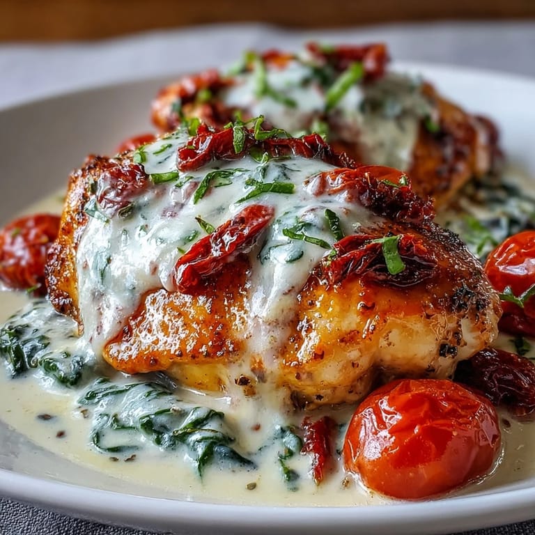 Comforting Tuscan-style chicken with sun-dried tomatoes, spinach, and a creamy garlic-Parmesan finish.