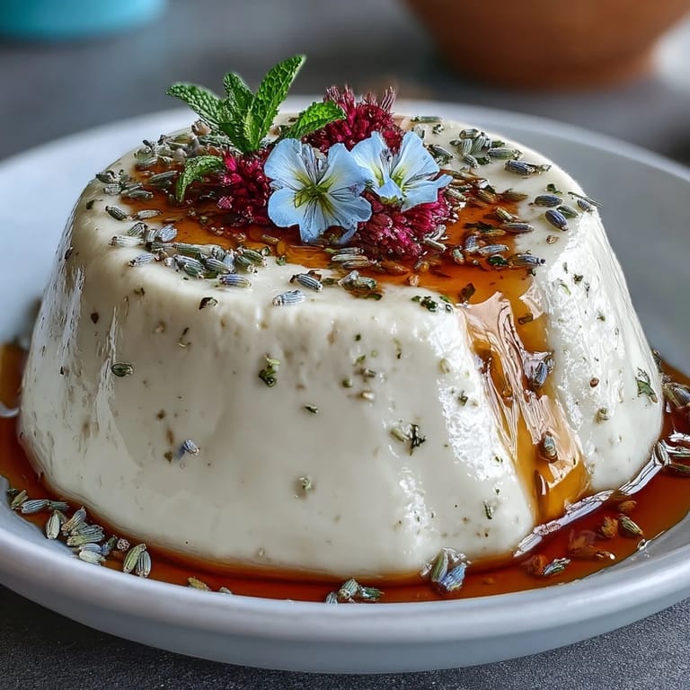 Creamy Honey Lavender Panna Cotta in glass, garnished with fresh berries and honey.  
