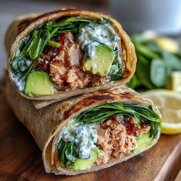 Fresh avocado and tuna filling wrapped in whole wheat tortillas with baby spinach leaves.