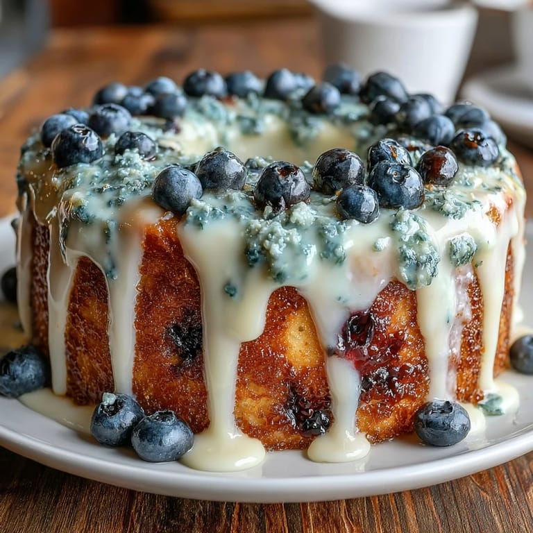 Moist spring birthday cake bursting with juicy blueberries and bright lemon flavor, frosted with smooth cream cheese icing and garnished with lemon zest.