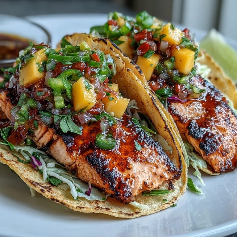 Juicy grilled salmon tacos piled high with mango salsa and crisp cabbage, ideal for a healthy, vibrant weeknight dinner.