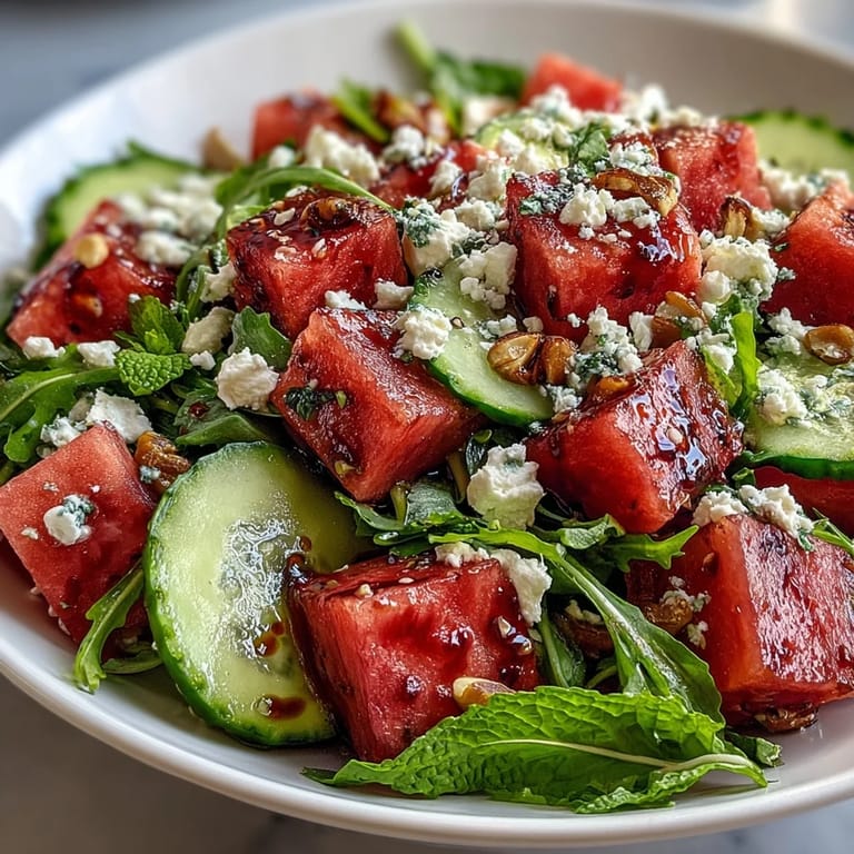 Colorful watermelon and arugula salad tossed with lime vinaigrette, topped with feta and mint for a refreshing dish.