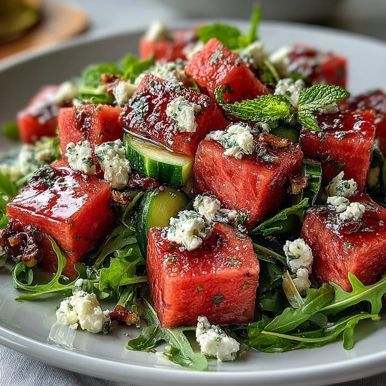 Fresh summer watermelon and arugula salad featuring crisp cucumber, red onion, and mint with tangy feta and pistachios.  