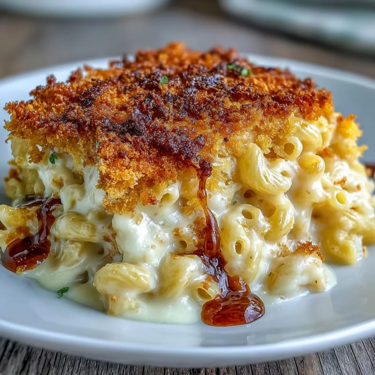 Velvety baked mac and cheese featuring sharp cheddar and Gruyère, topped with buttery panko breadcrumbs for a satisfying crunch. An irresistible side dish for any occasion.
