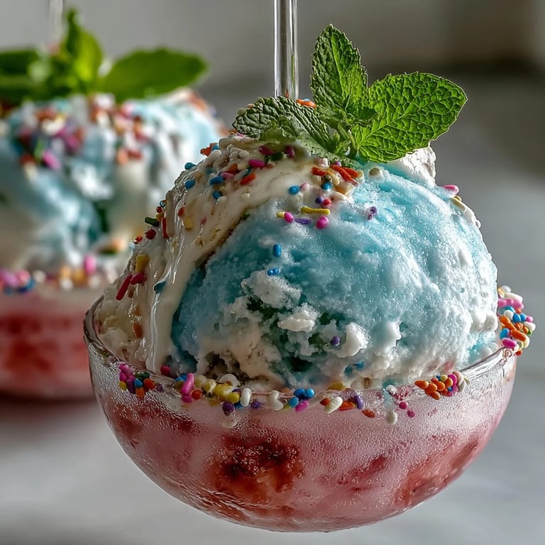 Refreshing cotton candy lemonade float topped with a scoop of vanilla ice cream and fresh mint garnish.