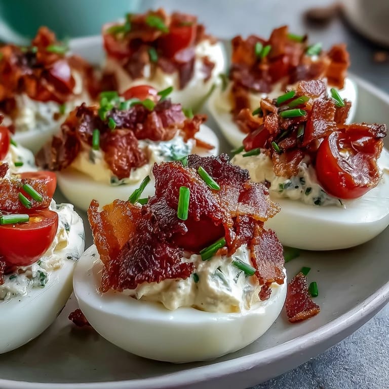 Classic deviled eggs transformed with a BLT twist, featuring lettuce, tomato, and crunchy bacon crumbles on top.