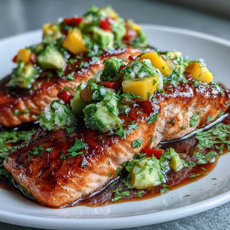 Golden-baked salmon fillet served with a colorful, zesty mango avocado salsa for a tropical twist.  