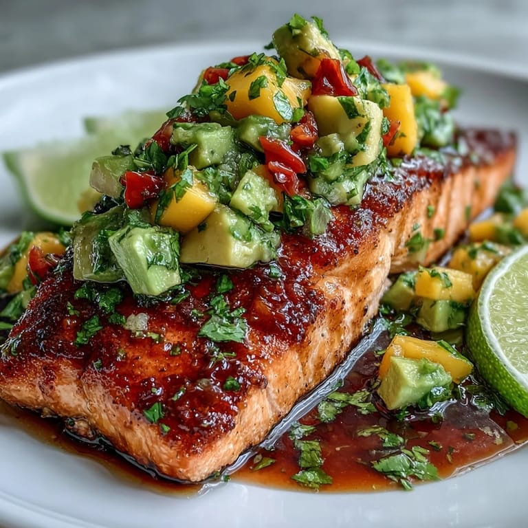 Juicy baked salmon paired with a fresh mango avocado salsa, ideal for a light and flavorful meal.