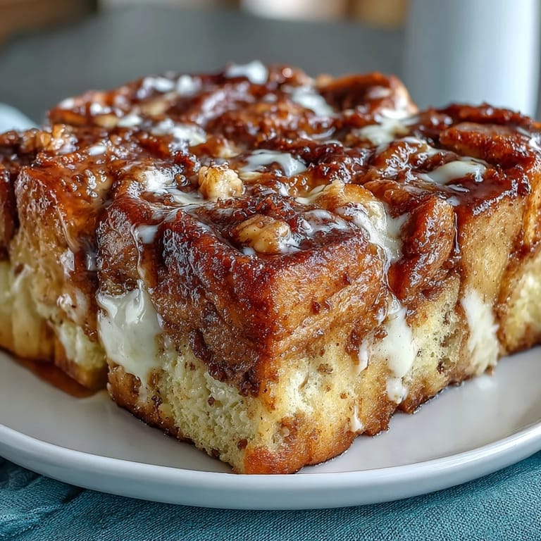 Overhead view of Cream Cheese Swirl Cinnamon Roll French Toast Bake in a baking dish, topped with rich brown sugar glaze and golden crust.
