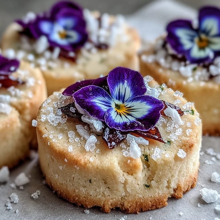 Buttery shortbread cookies with pressed edible flowers, offering a delicate and elegant treat for special occasions.