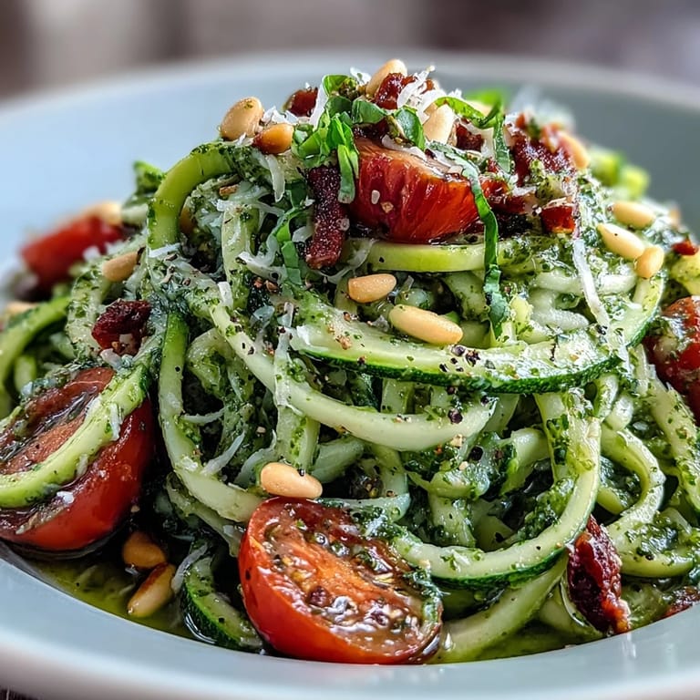 Colorful spiralized zucchini noodles coated in fragrant basil pesto, topped with bright cherry tomatoes for a refreshing vegetarian meal.
