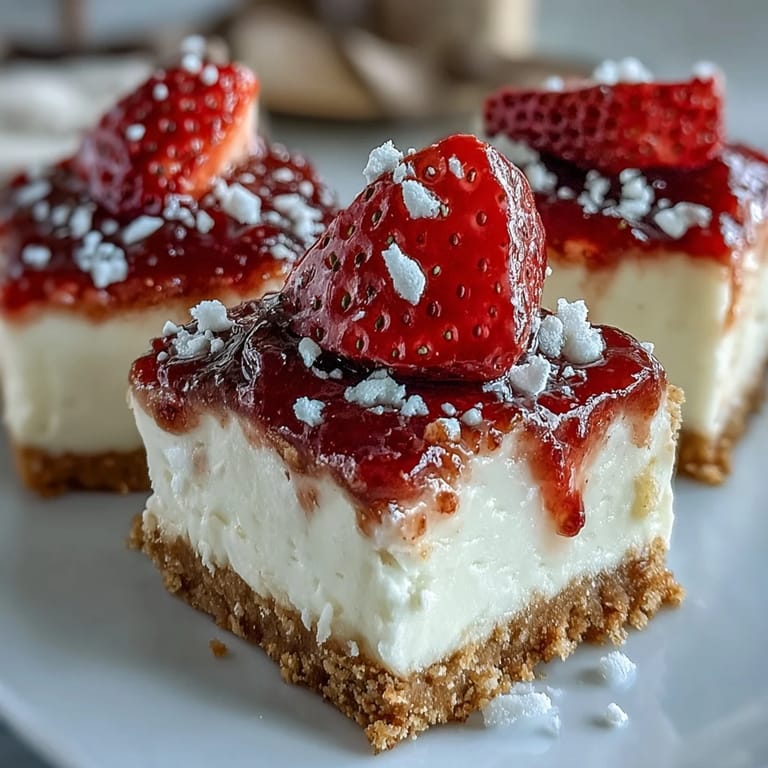 No-bake strawberry cheesecake bars featuring a buttery graham cracker crust and vibrant red strawberry slices.